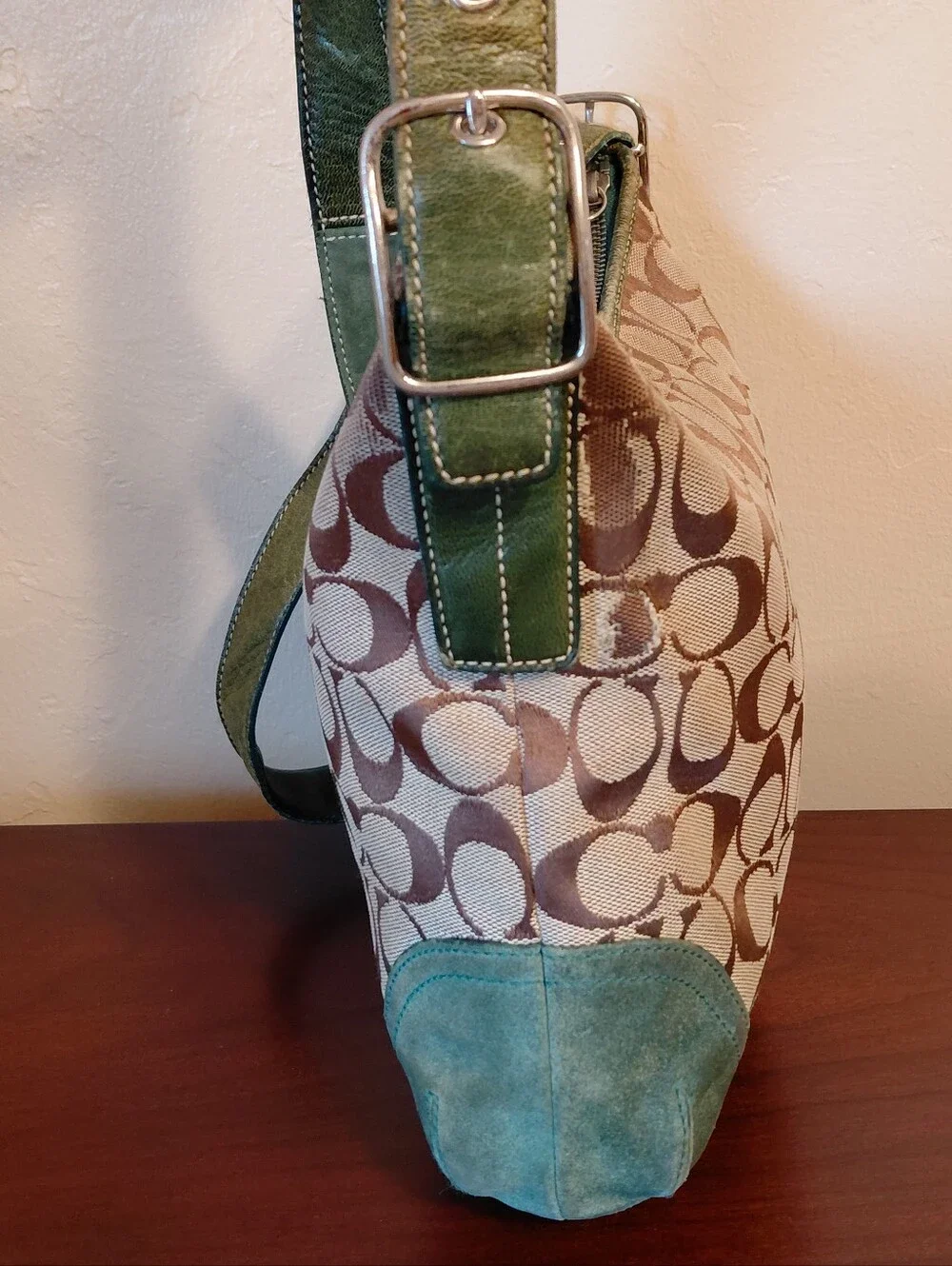 Coach Vintage Signature Stripe Hobo Bag Green Suede Style Number 6877